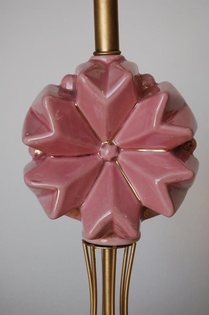 Midcentury Brass Spindel Table Lamp with Ceramic Flower Accent - 4