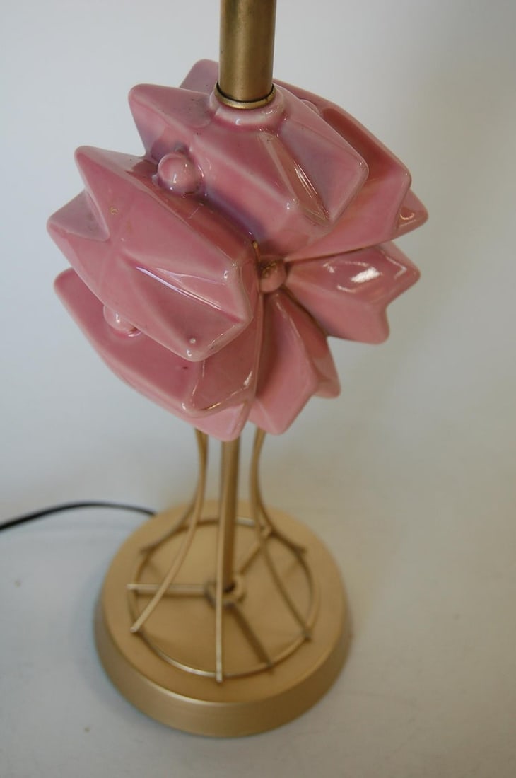 Midcentury Brass Spindel Table Lamp with Ceramic Flower Accent - 6