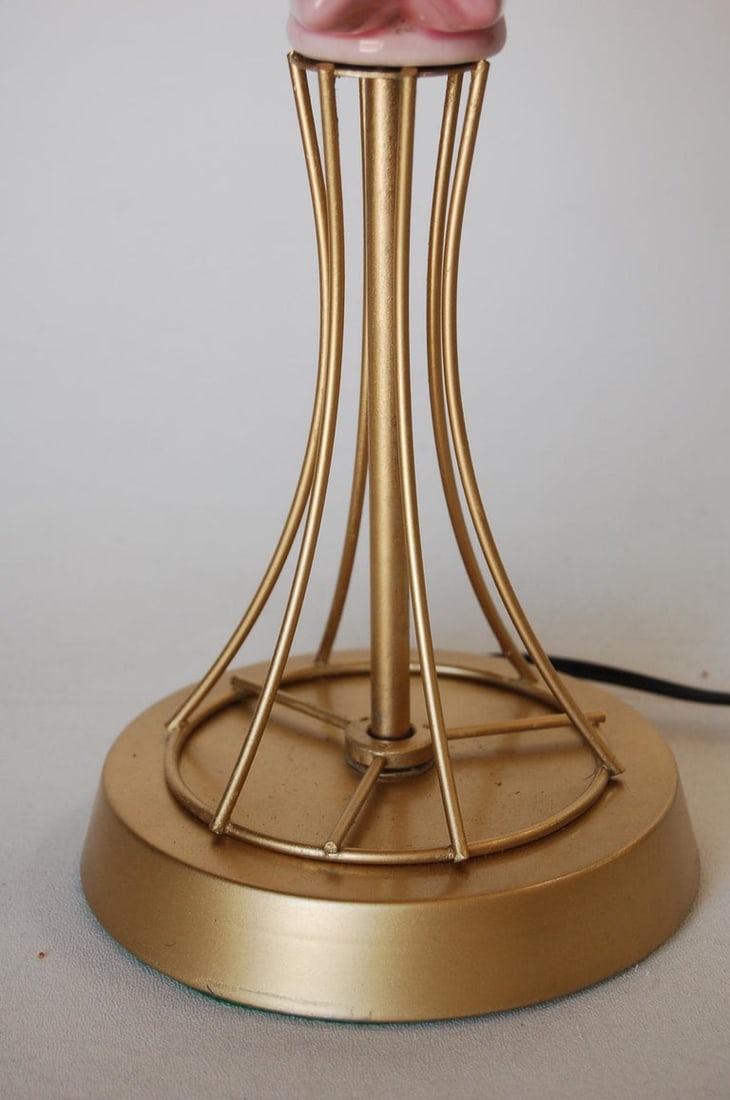 Midcentury Brass Spindel Table Lamp with Ceramic Flower Accent - 9