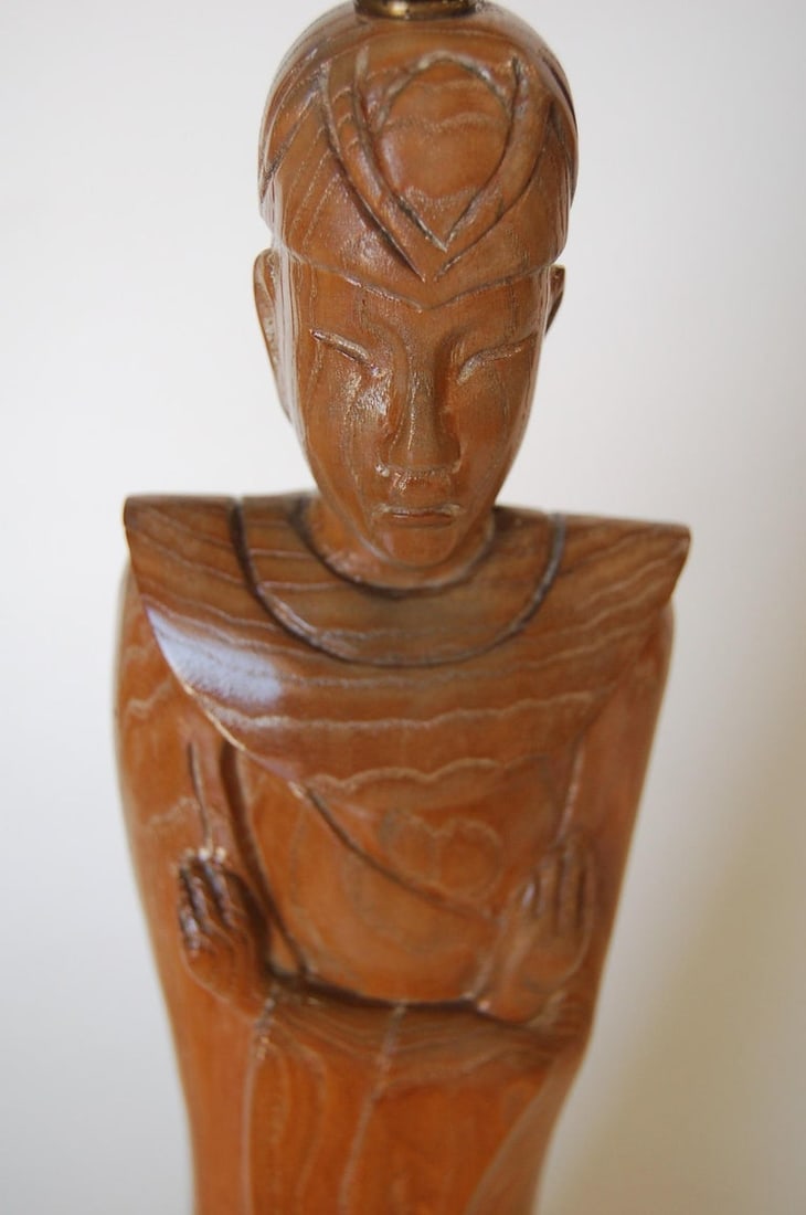 Midcentury Carved Oak Chinese Monk Wood Figure Lamp - 10