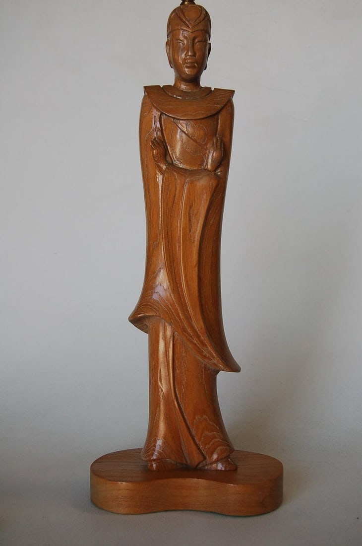 Midcentury Carved Oak Chinese Monk Wood Figure Lamp - 3