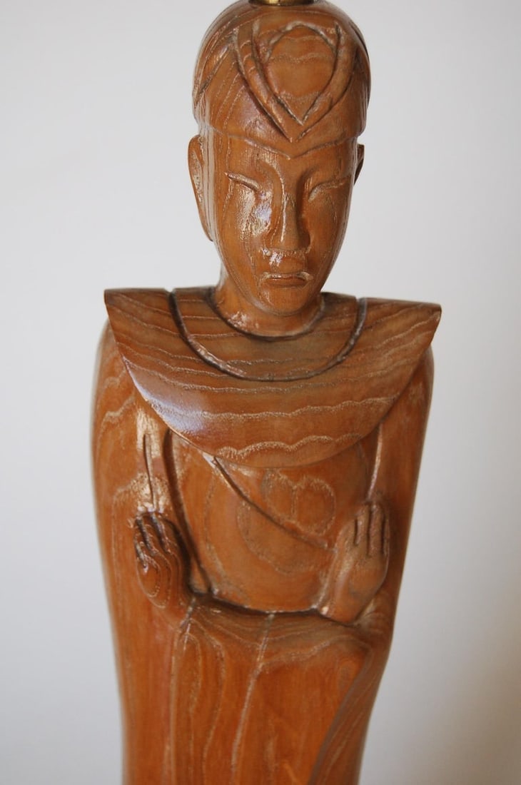 Midcentury Carved Oak Chinese Monk Wood Figure Lamp - 5