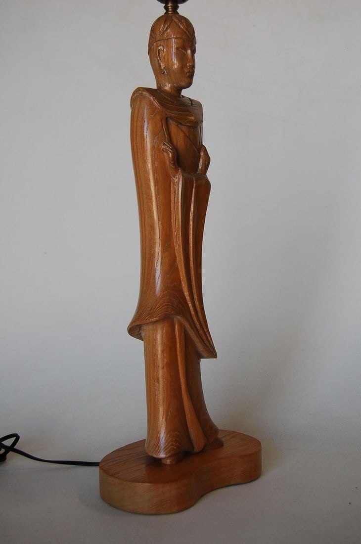 Midcentury Carved Oak Chinese Monk Wood Figure Lamp - 6