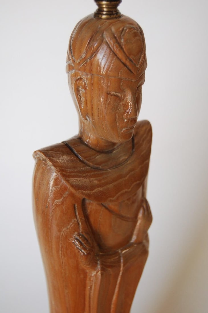 Midcentury Carved Oak Chinese Monk Wood Figure Lamp - 7