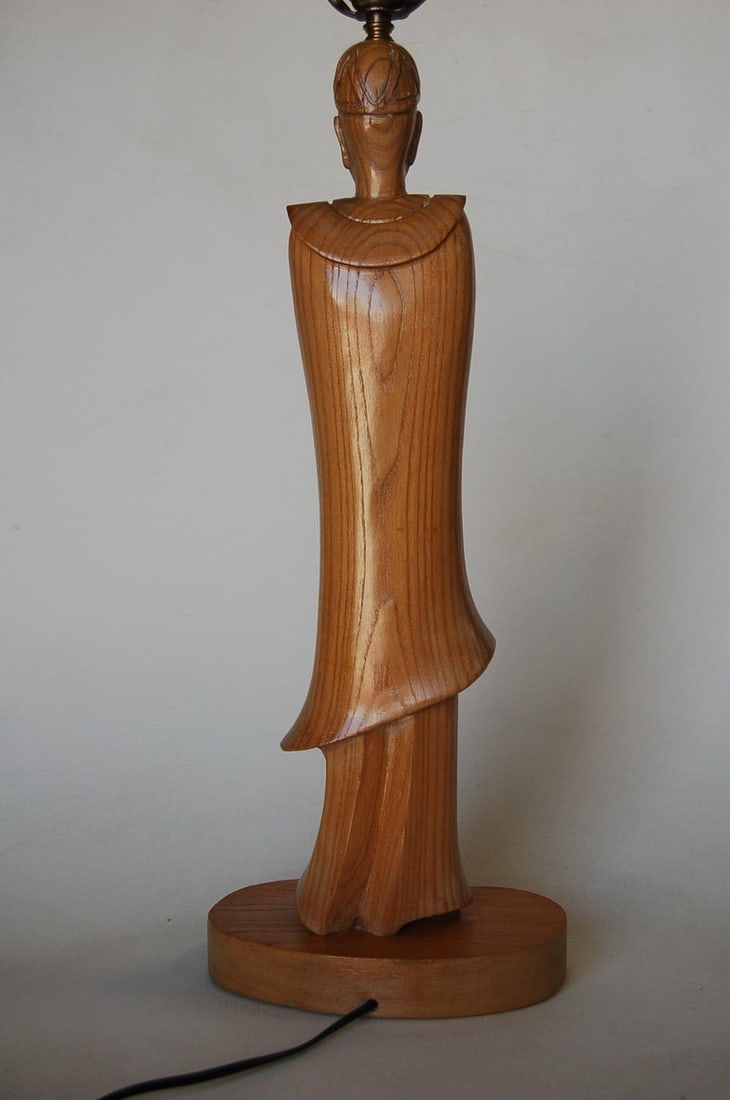 Midcentury Carved Oak Chinese Monk Wood Figure Lamp - 9