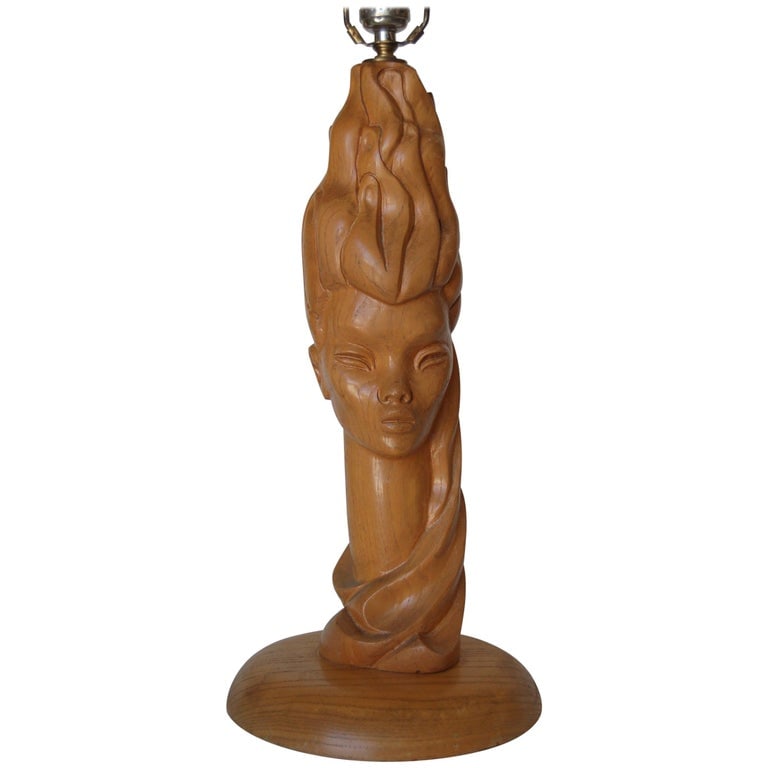 Midcentury Carved Oak Modernist Female Bust Table Lamp - 2