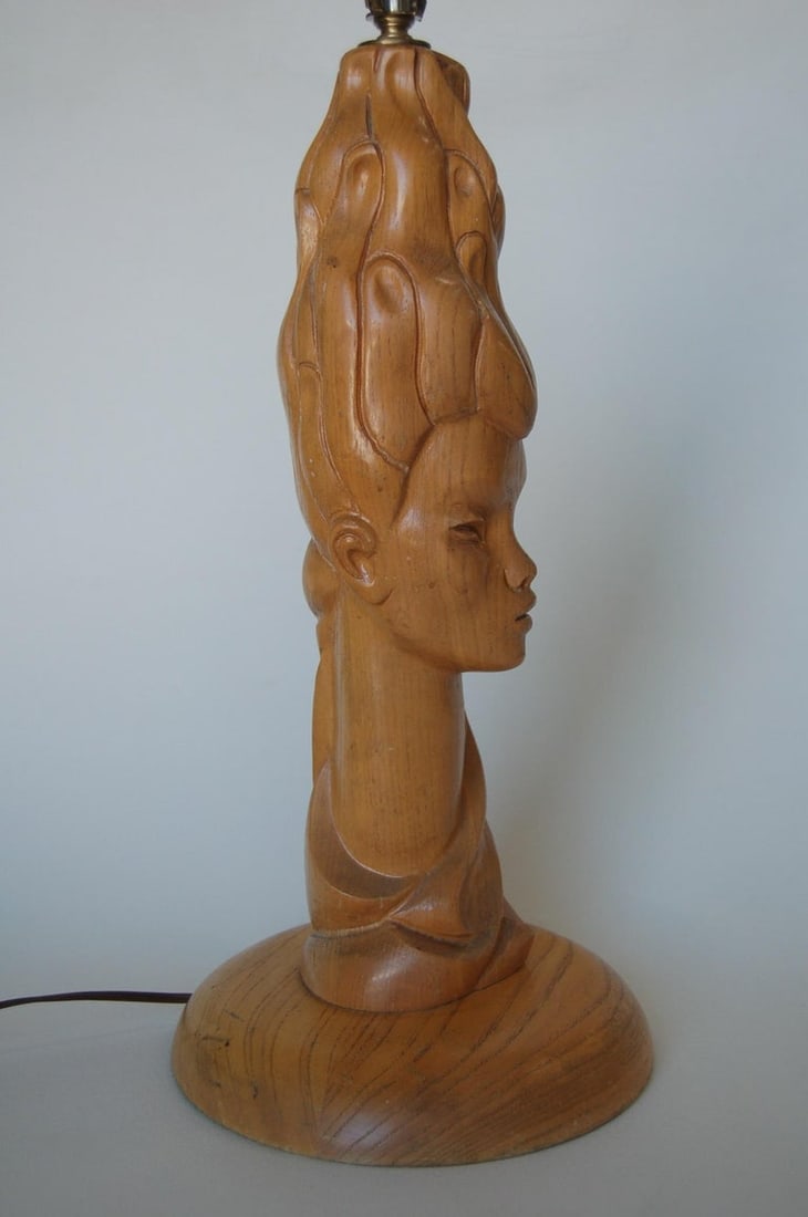 Midcentury Carved Oak Modernist Female Bust Table Lamp - 4