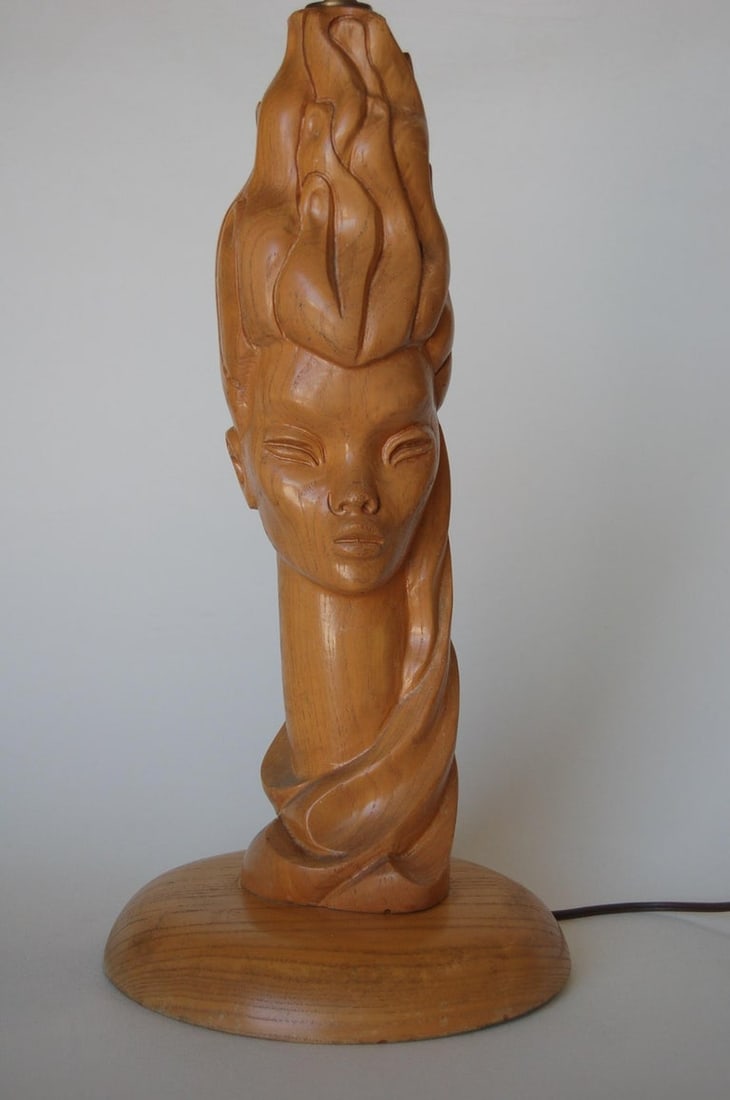 Midcentury Carved Oak Modernist Female Bust Table Lamp - 6