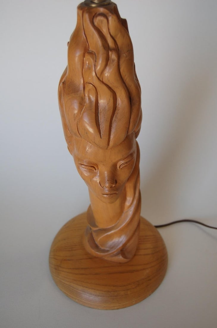 Midcentury Carved Oak Modernist Female Bust Table Lamp - 7