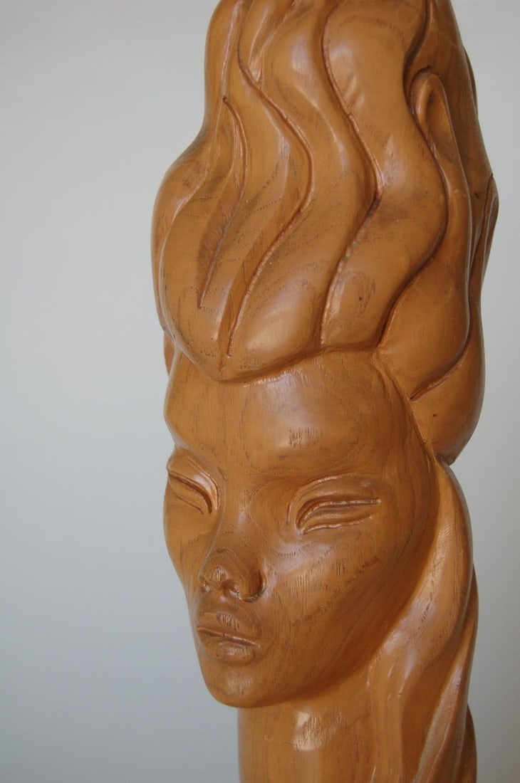 Midcentury Carved Oak Modernist Female Bust Table Lamp - 8