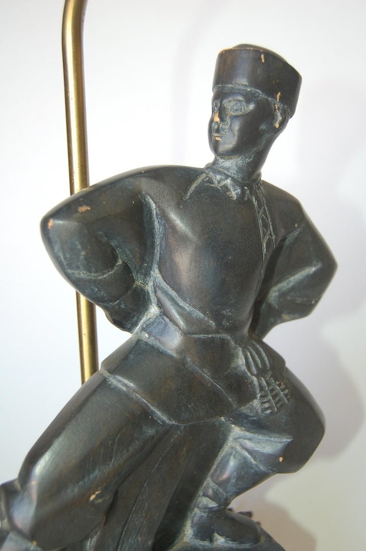 Hand Carved Wood Cossack Russian Dancer Table Lamp Signed Jascha Heifetz - 11
