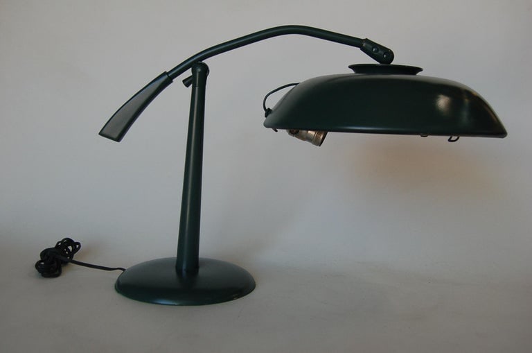 Midcentury Green Enamel Brass Swivel Table Lamp with Large Saucer Shade - 3