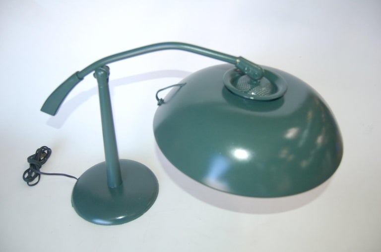 Midcentury Green Enamel Brass Swivel Table Lamp with Large Saucer Shade - 5