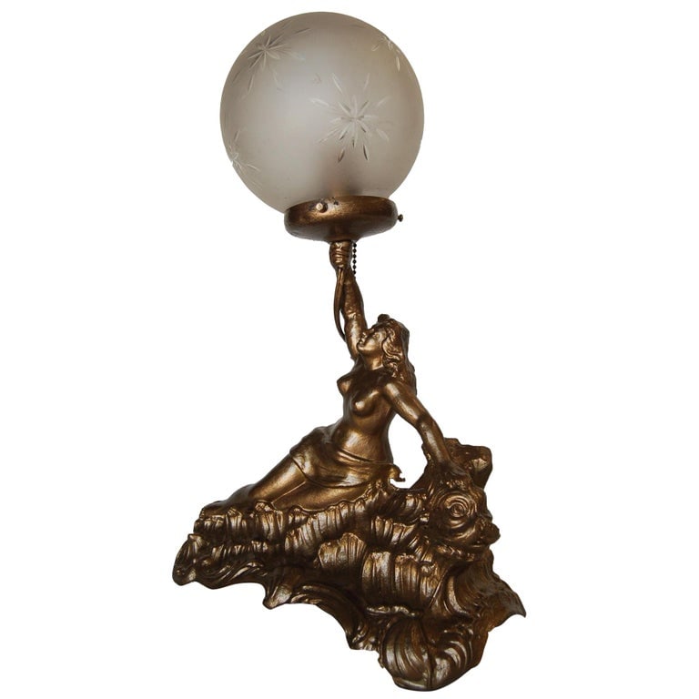Gold-Tone Nude Grecian Female Spelter Lamp with Cut Crystal Globe (1 of 5)