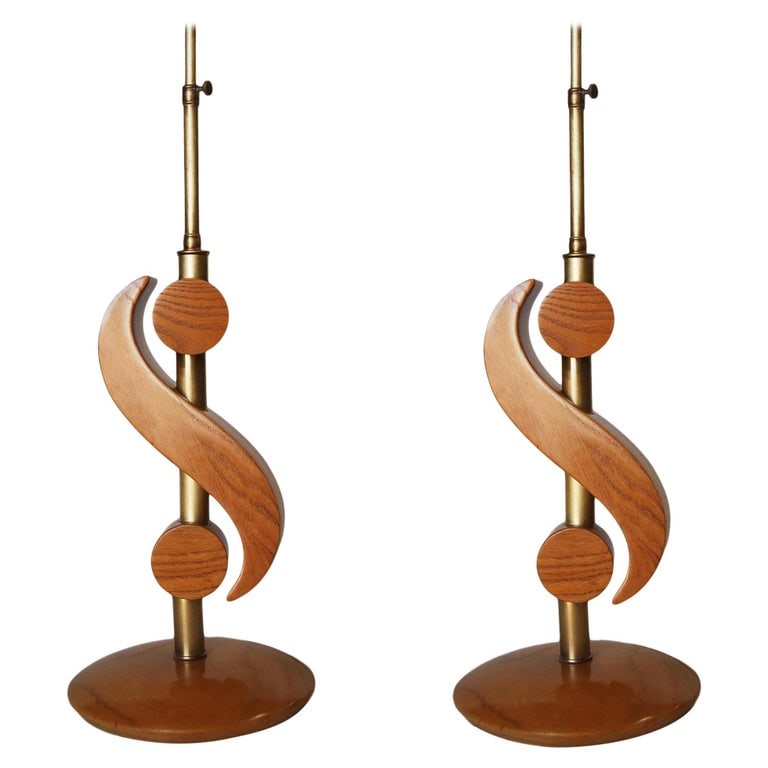 Carved Oak and Brass Biomorphic Modernist Table Lamp, Pair (1 of 8)