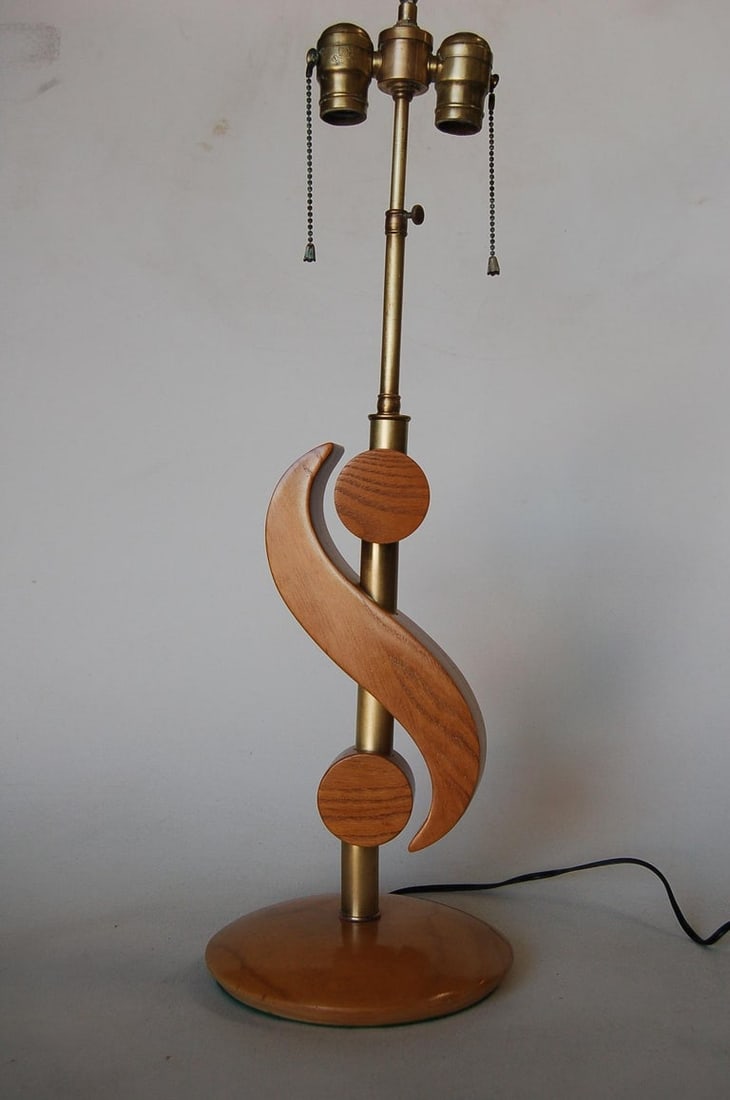 Carved Oak and Brass Biomorphic Modernist Table Lamp, Pair - 3