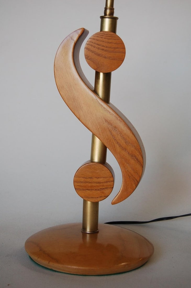 Carved Oak and Brass Biomorphic Modernist Table Lamp, Pair - 4