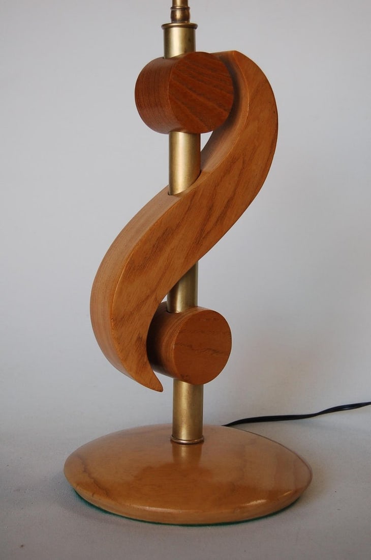 Carved Oak and Brass Biomorphic Modernist Table Lamp, Pair - 6