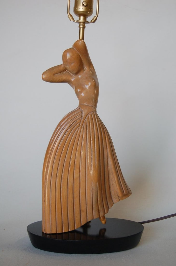 Female Figural Dancer Carved Oak Table Lamp in the Style of Jascha Heifetz - 10