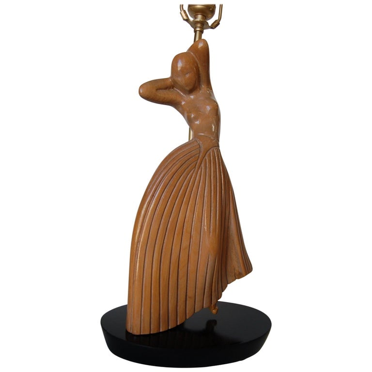 Female Figural Dancer Carved Oak Table Lamp in the Style of Jascha Heifetz - 2