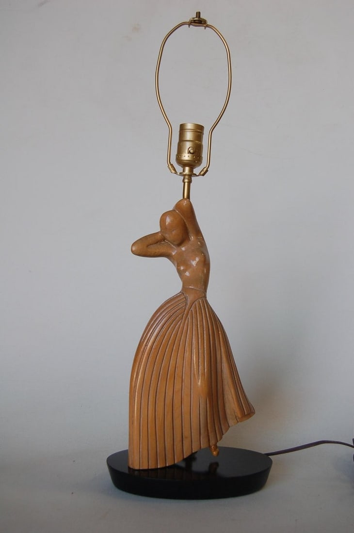 Female Figural Dancer Carved Oak Table Lamp in the Style of Jascha Heifetz - 3