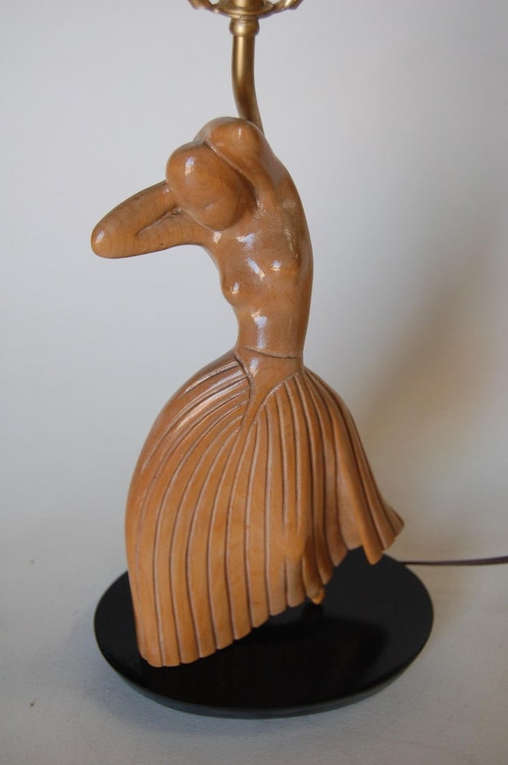 Female Figural Dancer Carved Oak Table Lamp in the Style of Jascha Heifetz - 4