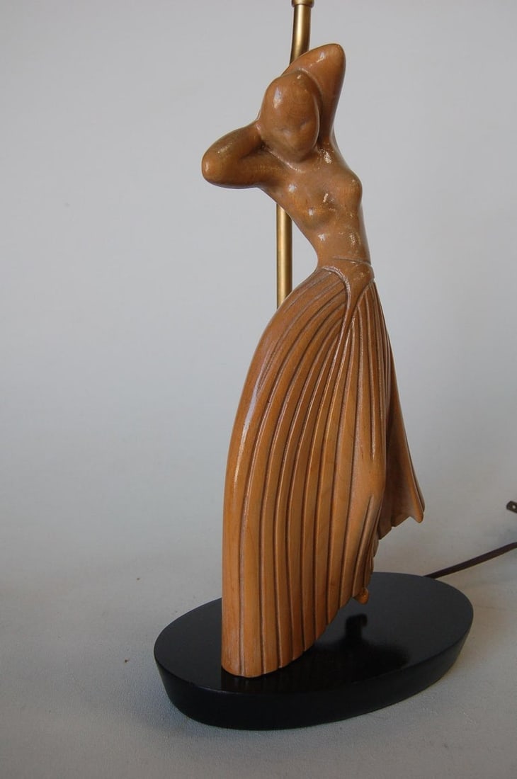 Female Figural Dancer Carved Oak Table Lamp in the Style of Jascha Heifetz - 5