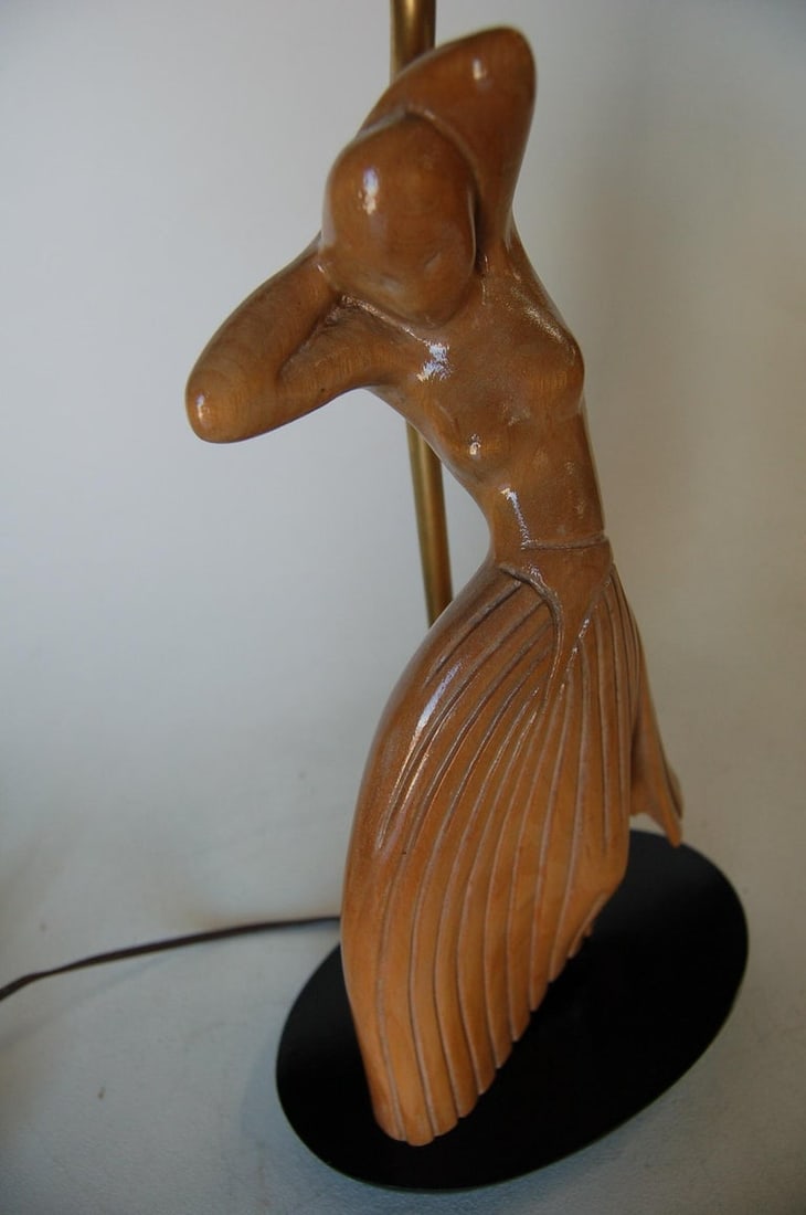 Female Figural Dancer Carved Oak Table Lamp in the Style of Jascha Heifetz - 8