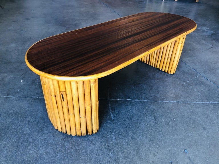 Restored Vertically Stacked Rattan Coffee Table with Mahogany Top - 4
