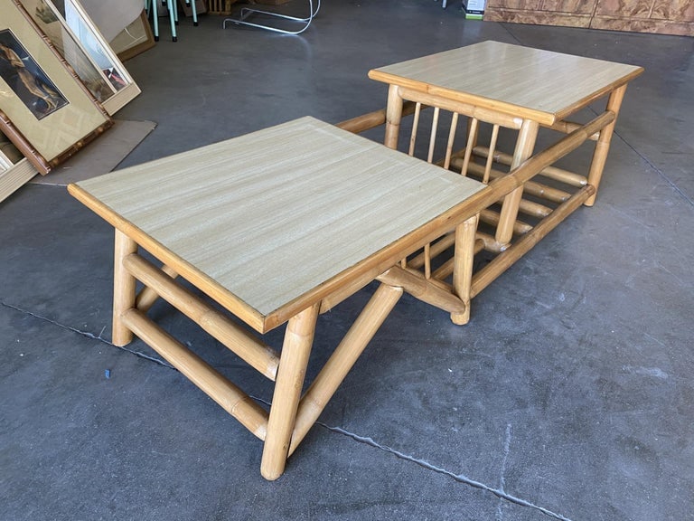 Restored Asymmetric Two-Tier Rattan Coffee Table with Architectural Base - 3