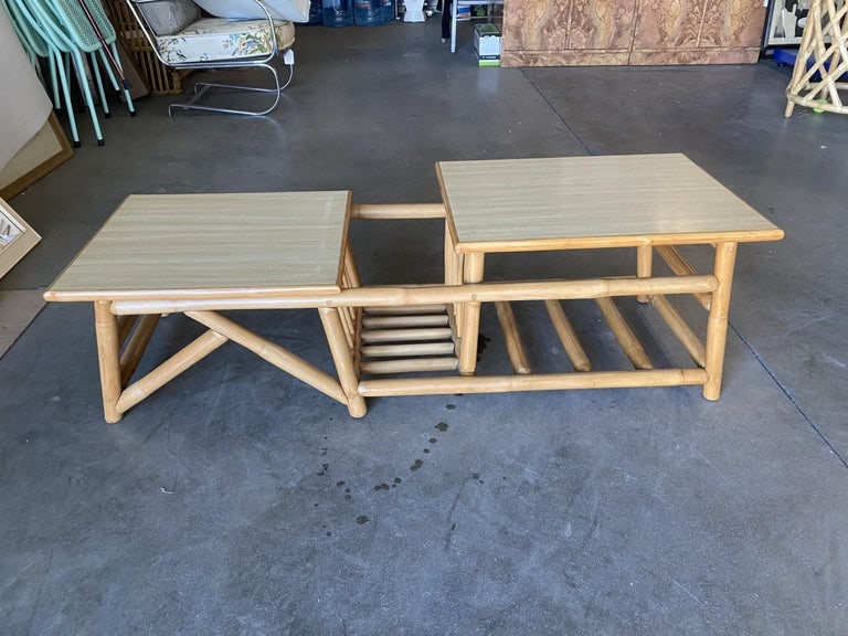 Restored Asymmetric Two-Tier Rattan Coffee Table with Architectural Base - 4