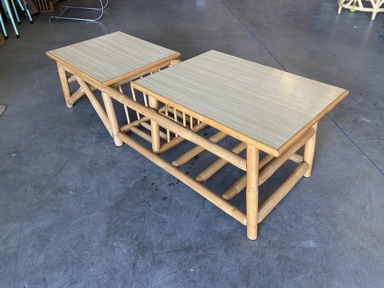 Restored Asymmetric Two-Tier Rattan Coffee Table with Architectural Base - 5