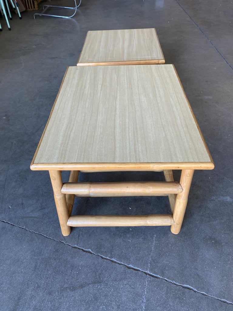 Restored Asymmetric Two-Tier Rattan Coffee Table with Architectural Base - 6