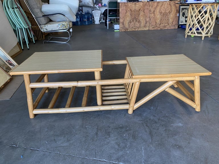 Restored Asymmetric Two-Tier Rattan Coffee Table with Architectural Base - 7