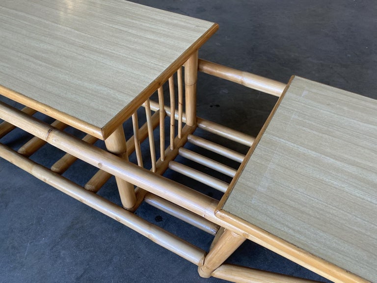 Restored Asymmetric Two-Tier Rattan Coffee Table with Architectural Base - 8