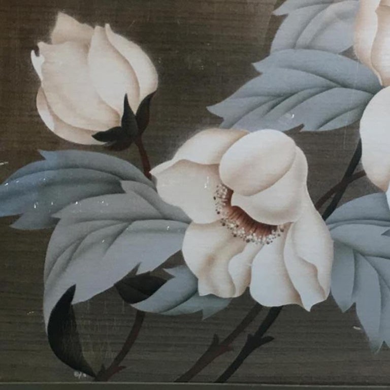 Postwar Hawaiian Airbrush Tropical Hibiscus Floral in White Wood Frame, Signed - 4
