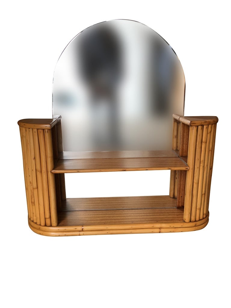 Post War Rattan Vanity Table Console Mirror with Shelf - 4