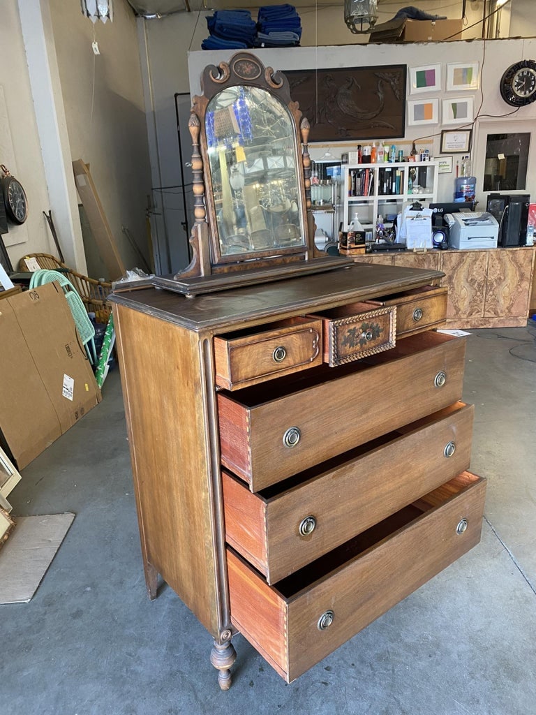 Antique Walnut Highboy Dresser w/ Vanity Table Mirror by Berkey & Gay Furniture - 4