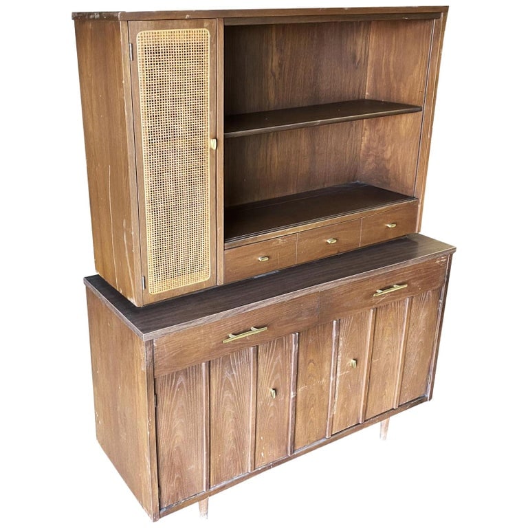 Midcentury Cupboard China Cabinet Shelf with Wicker Accents by Holman (1 of 8)