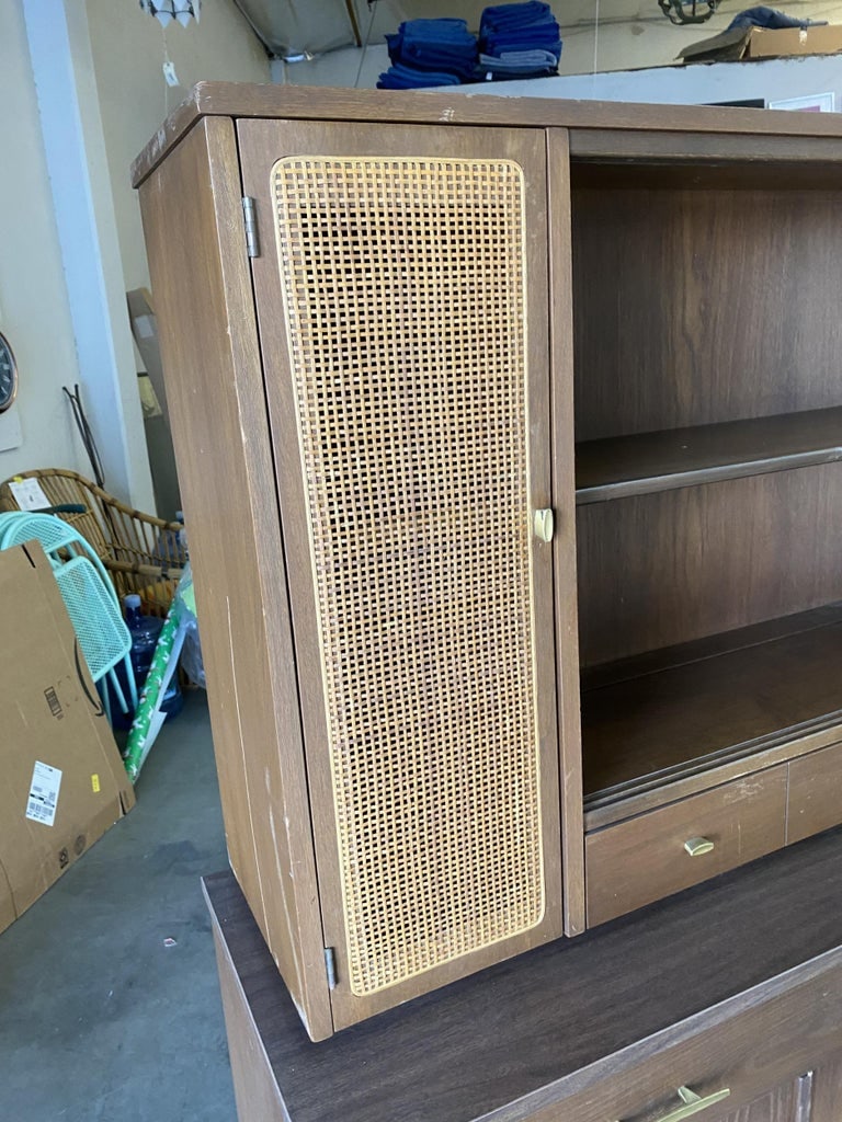 Midcentury Cupboard China Cabinet Shelf with Wicker Accents by Holman - 6