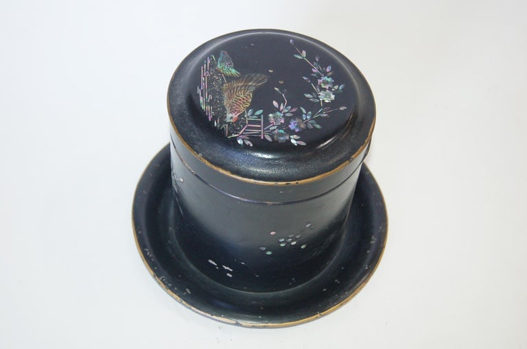 Vintage Post War Japanese Black Aboloni Round Tea Caddie Canister - 10