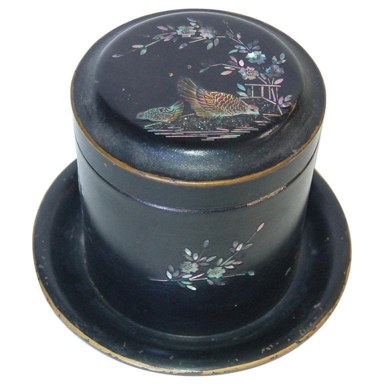 Vintage Post War Japanese Black Aboloni Round Tea Caddie Canister - 2