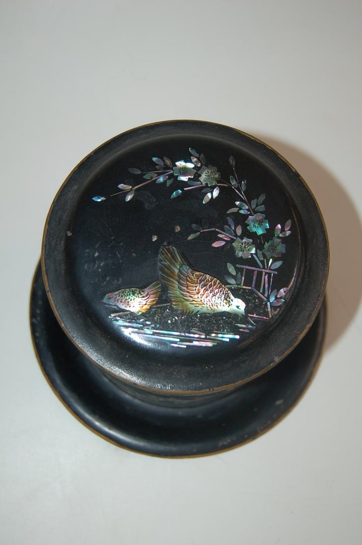 Vintage Post War Japanese Black Aboloni Round Tea Caddie Canister - 3