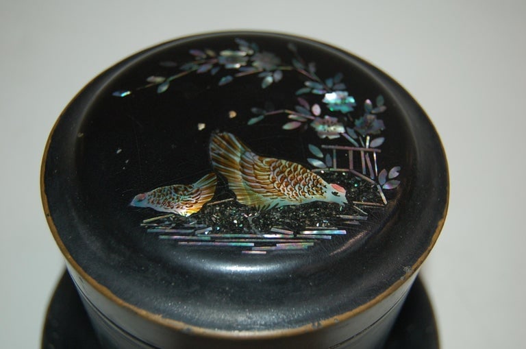 Vintage Post War Japanese Black Aboloni Round Tea Caddie Canister - 4