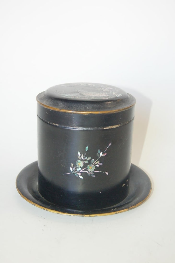 Vintage Post War Japanese Black Aboloni Round Tea Caddie Canister - 8