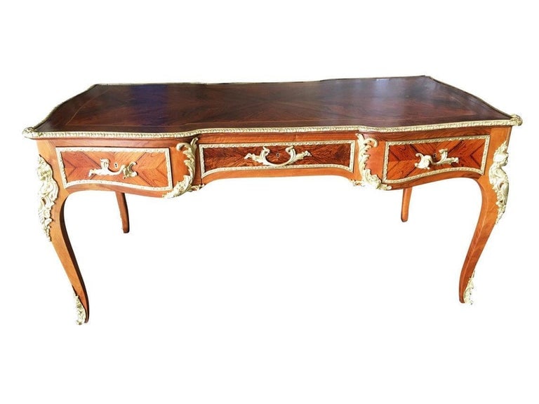 Louis XV Rococo Mahogany, Satinwood and Bureau Plat Executive Writing Desk - 3