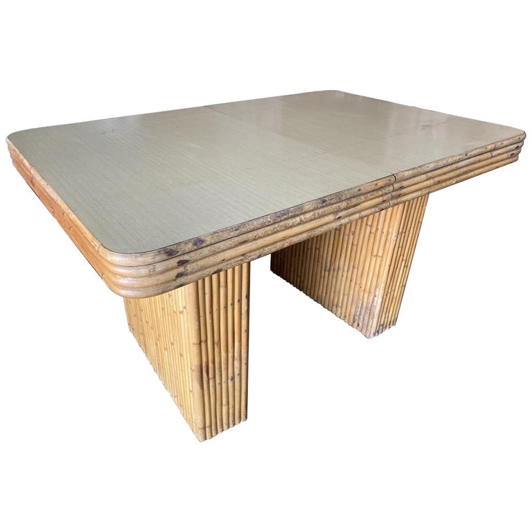 Restored Six-Person Rattan and Formica Dining Table with Vertically Stacked Base - 2