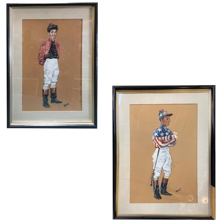 Pastel on Paper Horse Racing Jockey by Hagulaton, Pair - 2