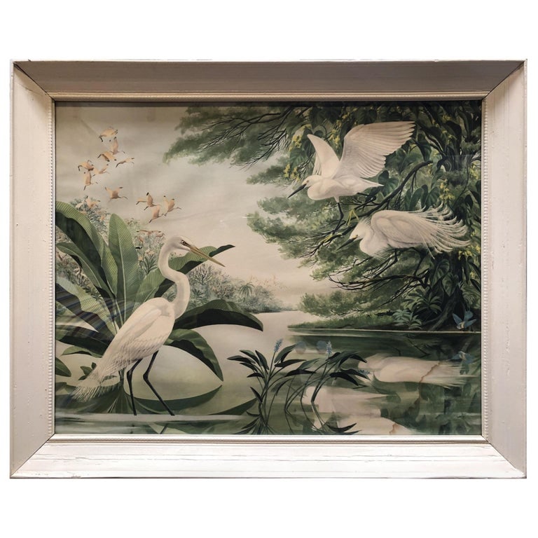 Post-War Tropical Cranes Print in Original Frame: Original post-war midcentury tropical print featuring a group of cranes in a tropical lagoon. This print comes in its original white painted frame. Size: 26" tall x 32" wide. Reserve: $587.00
