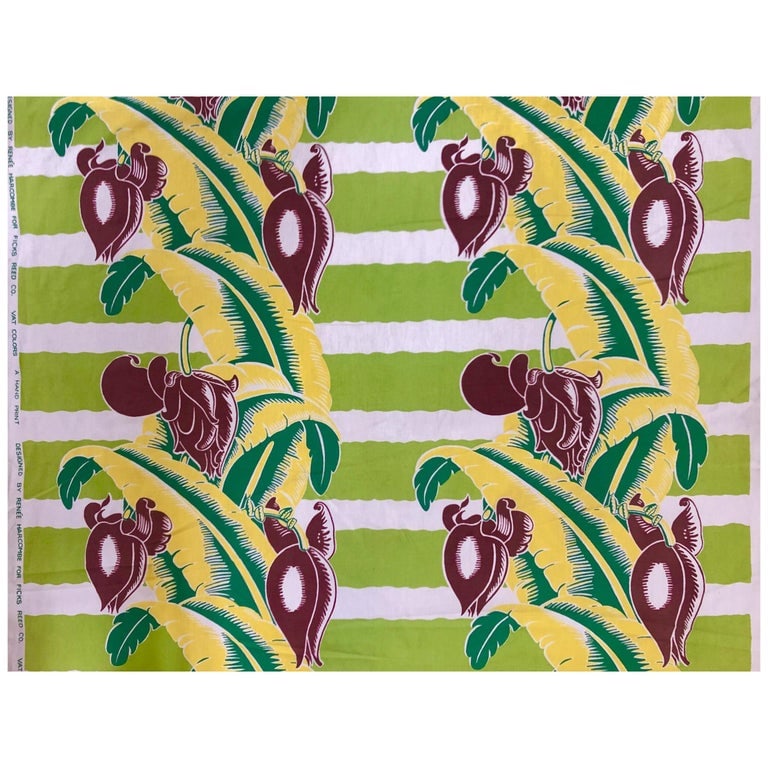 Wavy Green Striped Barkcloth with Tropical Banana Leaf Pattern: This beautiful vintage mid century fabric is a 100% cotton barkcloth. Barkcloth is a textured printed woven fabric. The banana leaf and flower design with striking bright green, wavy stripes is a